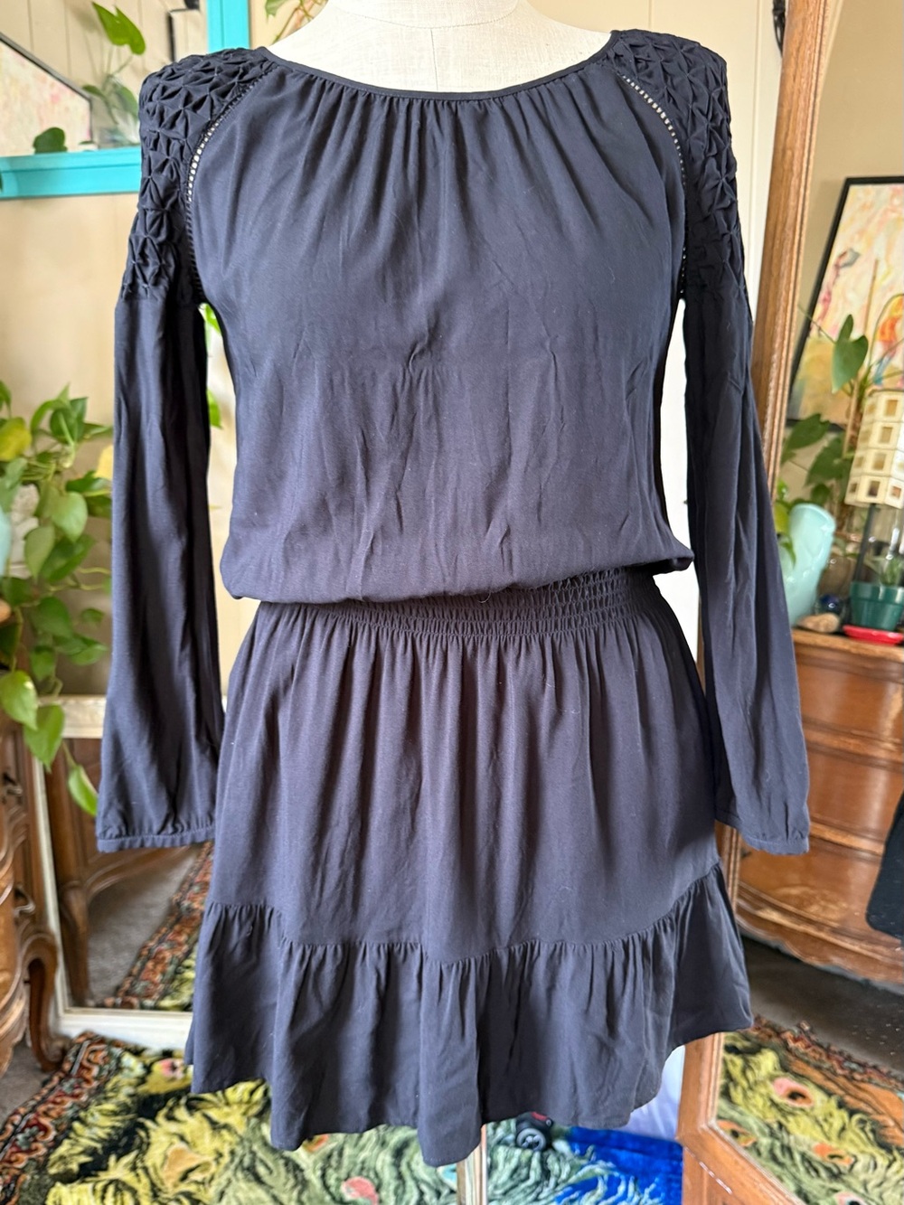 TWO Black Long-Sleeve Smocked Waist Tiered Dress, size 38 (US size 6)
